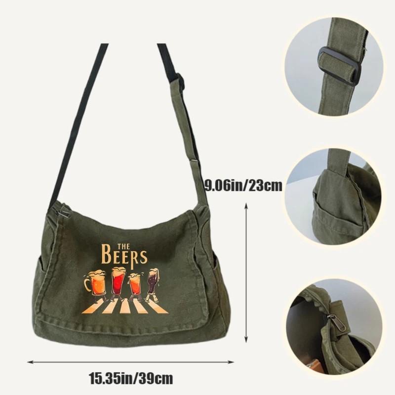 Retro Men's Shoulder Bag Canvas Messenger Bag Beer Print Large Capacity Crossbody Bag Daily Men's Bag