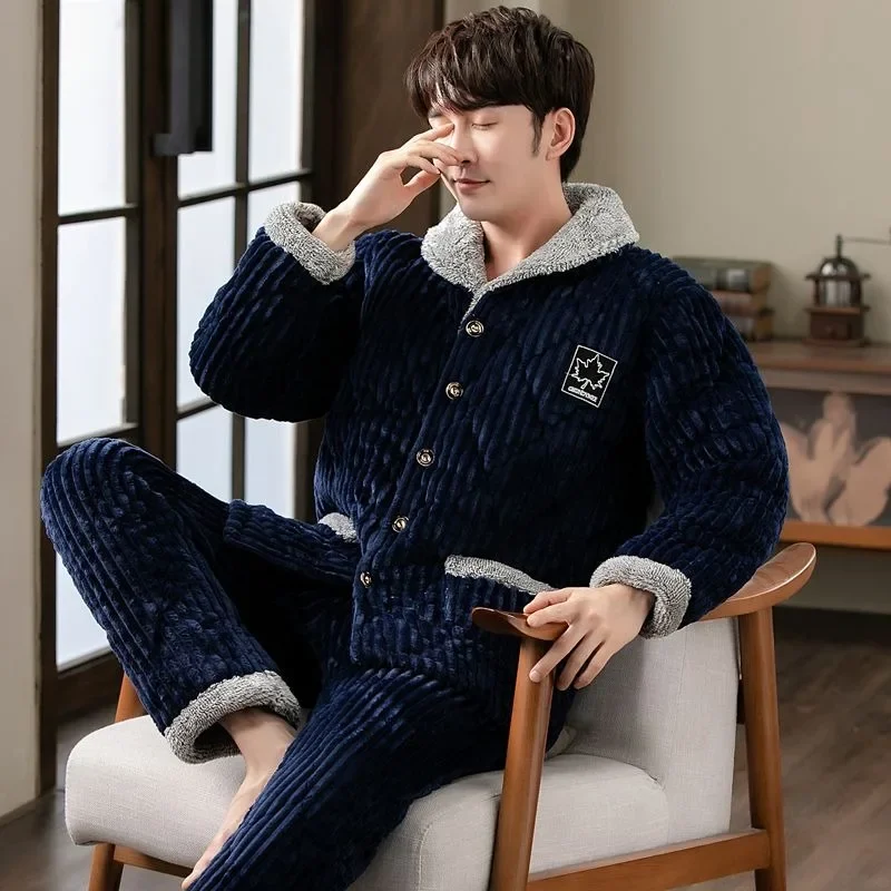 Sleepwear Men Winter Three-layer Cotton Sandwich Thickened Coral Velvet Home Suit Middle-aged Young Large Size Outer Flannel Set
