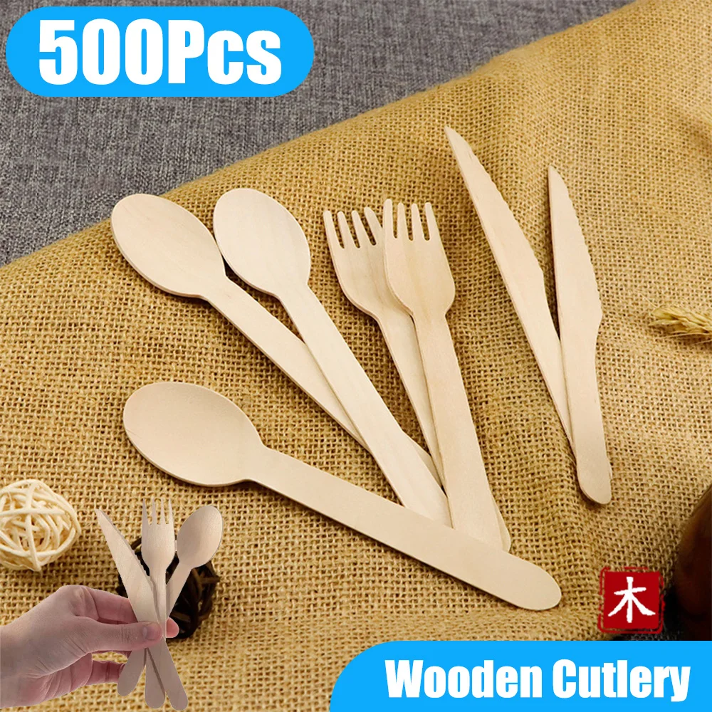 Disposable Wooden Cutlery/ForksSpoons/Cutters Knife Party Wedding Birthday Supplies Kitchen Utensil Dessert Cake Ice Cream Scoop