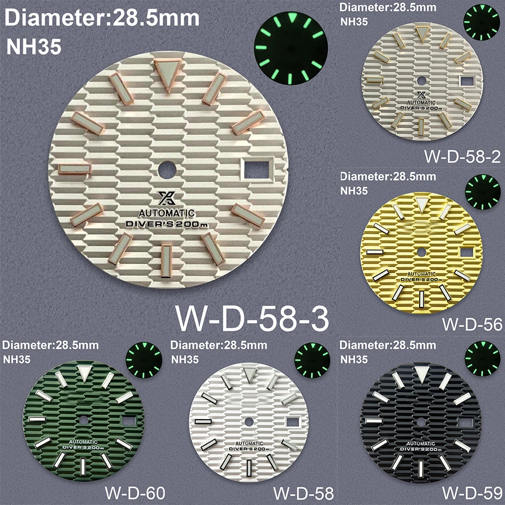 

Зеленые светящиеся аксессуары для часов SKX007, с S-образным логотипом, модифицированный диаметр SKX007 для NH35/NH36/4R/7S механизм, 28,5 мм