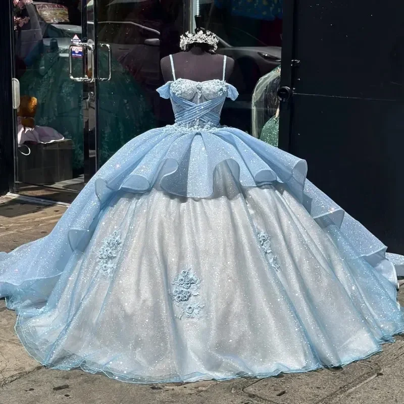 

ANGELSBRIDEP Sky Blue Sweetheart Quinceanera Dress Sparkly Lace Appliques Sequins 3D Flowers Sweet 16 Princess Ball Gown Vestido