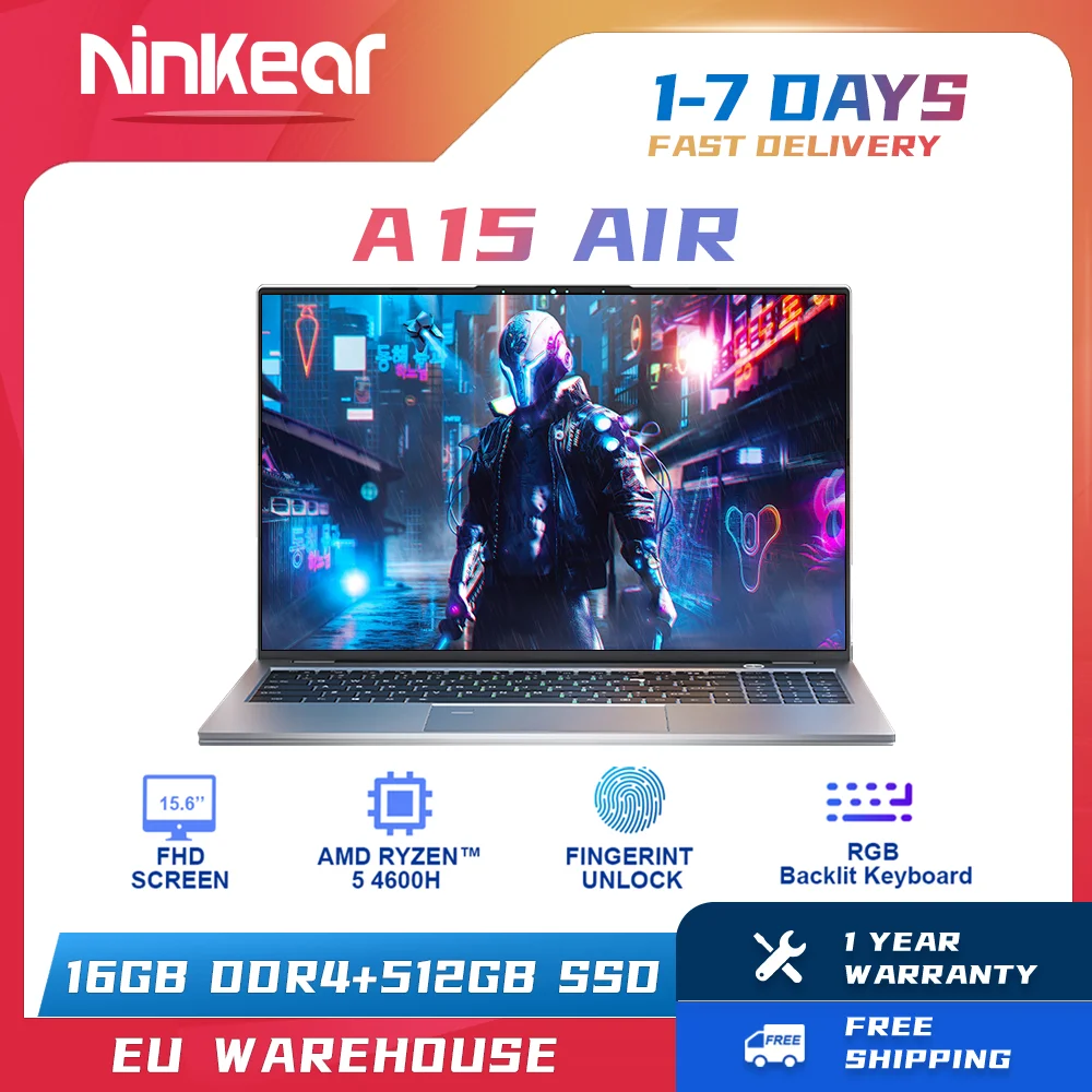 Ninkear A15 Air Laptop 15.6'' FHD IPS AMD Ryzen 5 4600H Up to 4.0GHz 16GB DDR4+512GB SSD RGB Backlit Keyboard Fingerprint Unlock