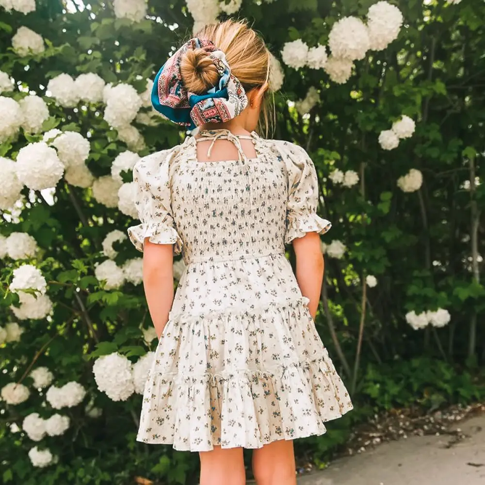 Short Sleeve Dress for Girl Polka Dot Kids Floral Evening Party Dresses Children Clothing Girls Birthday Smocked Vestidos 3-8T