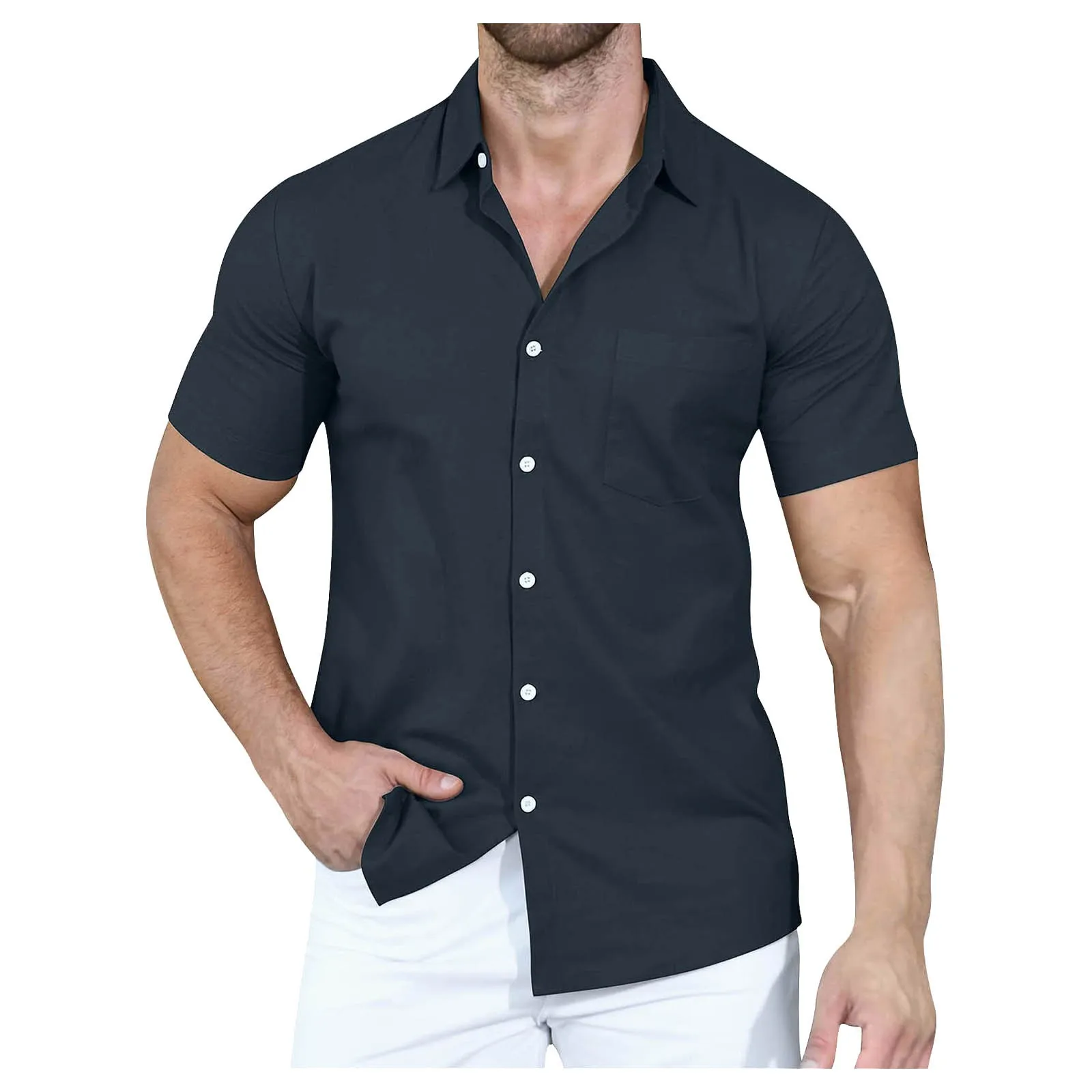 

Vintage Solid Color Dress Shirts Summer Classic Regular Fit Button Down Short Sleeve Casual Shirts Blouses M-xxl camisa hombre