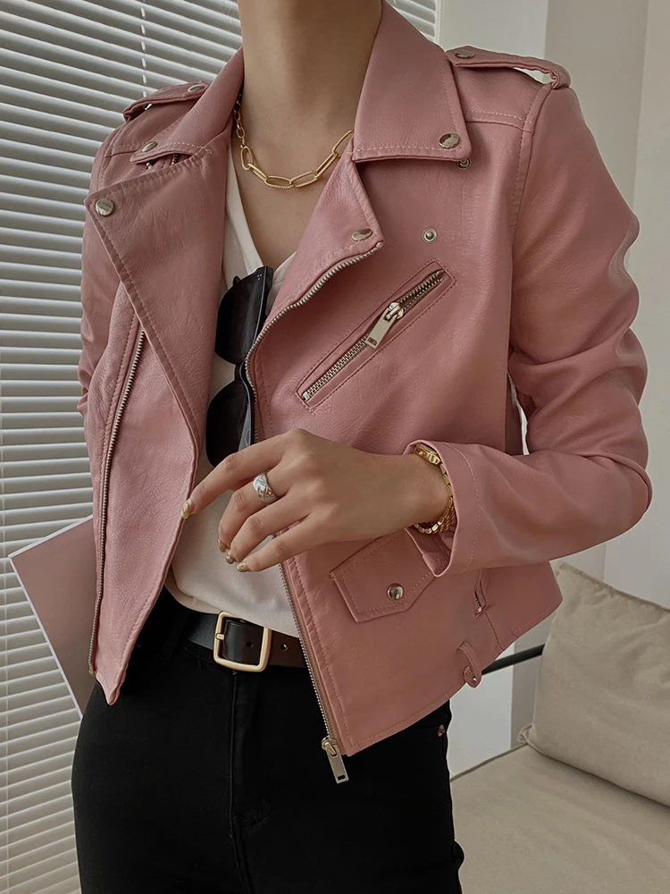 

Fitaylor New Spring Autumn Women Moto Biker Pu Faux Leather Jacket Casual Female Zipper Classic Short Coat Outwear with Belt