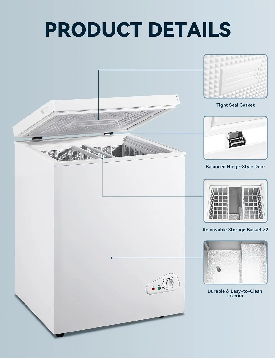 KRIB BLING 5.0 Cu.Ft Compact Chest Freezer with Removable Basket, Krib Bling Top Door Open Freestanding Deep Freezer with 7 Gear 2