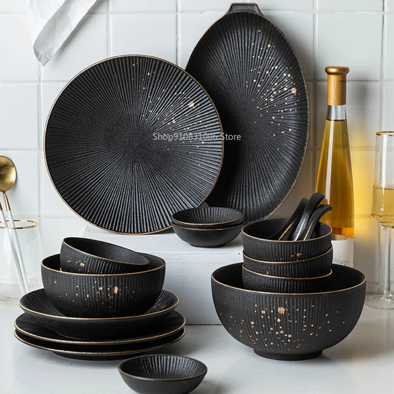 

Creative European household kitchen tableware set socket black ceramic steak dish ceramic dish spoon tableware set