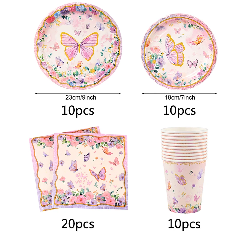 Pink Butterfly Disposable Tableware Set Paper Plates Cup Tablecloth Girls Butterfly Theme Birthday Party Decoration Supplies