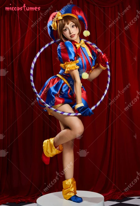 Damen Clown Cosplay Kostüm Harlekin Jumpsuit und Hut mit Handschuhen und Socken 4