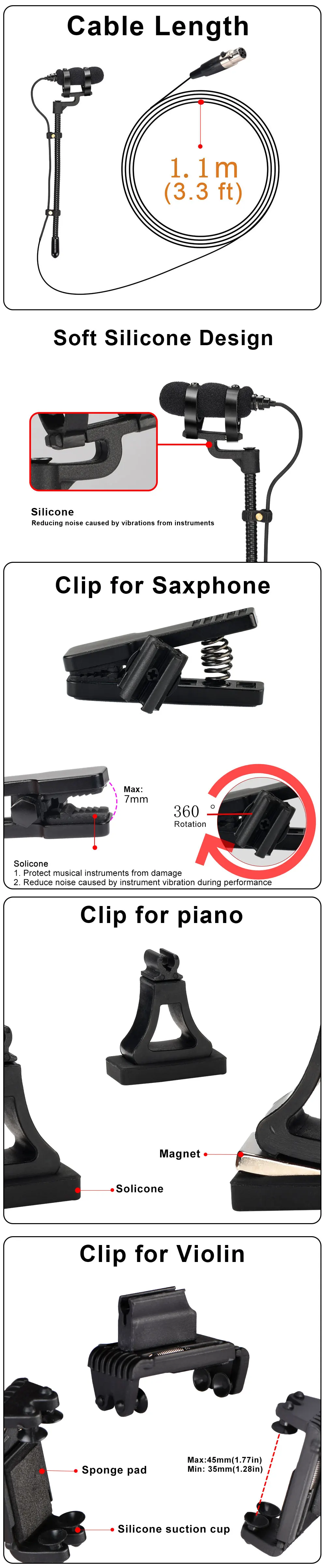 FREEBOSS 4 Pin Wind Instruments Sax Microphone Hypercardioid Mini Portable Saxphone Violin Piano Horn Wired Mic IM-22-L6