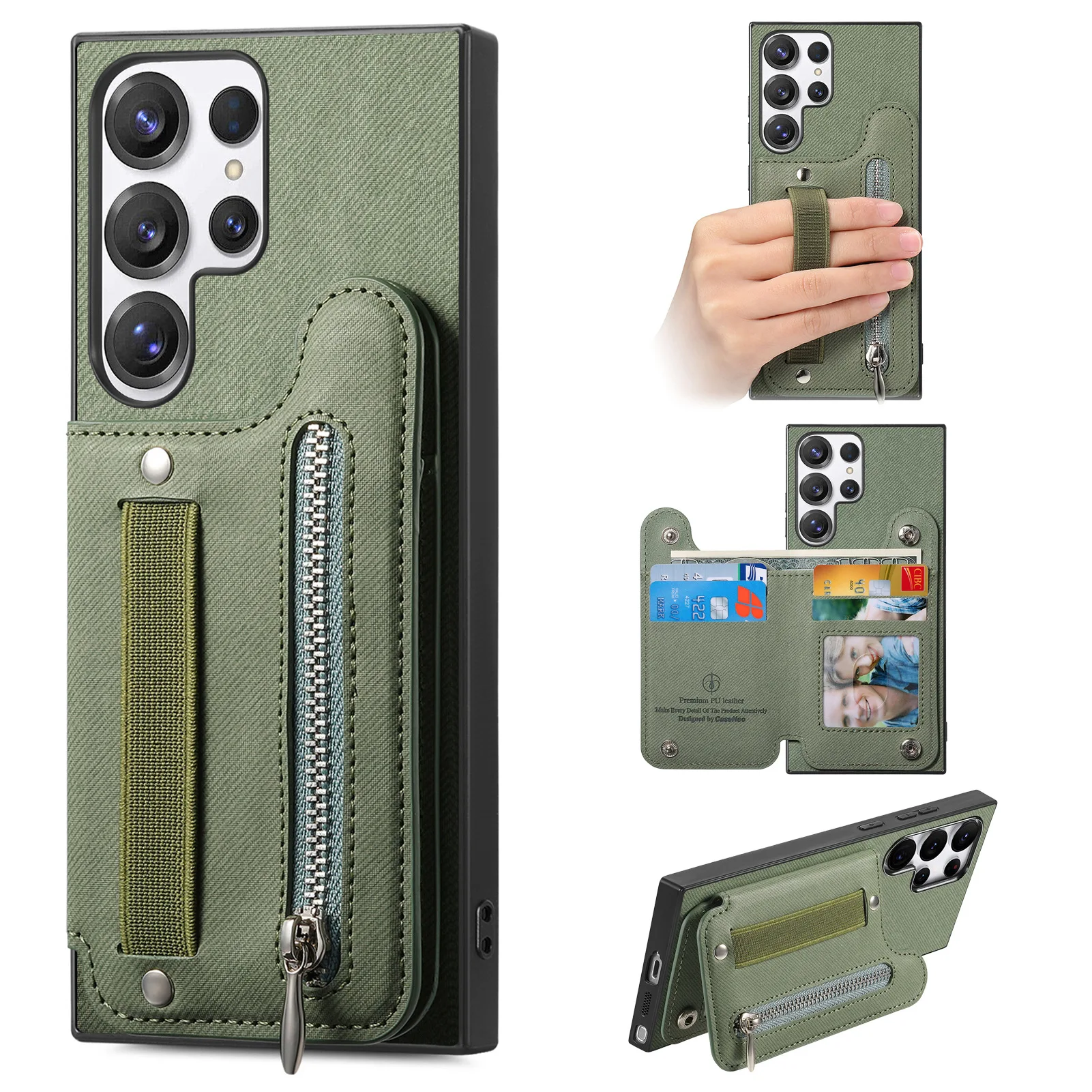 Zipper Card Slot Leather Wallet Case with Elastic Wrist Strap