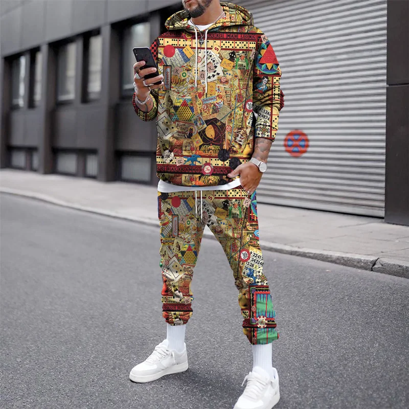Autumn Winter Men's Hoodies Long Sleeve Trousers Suits Poker 3D Printed Sweatshirt Men Tracksuit 2 Piece Set Pocket Streetwear