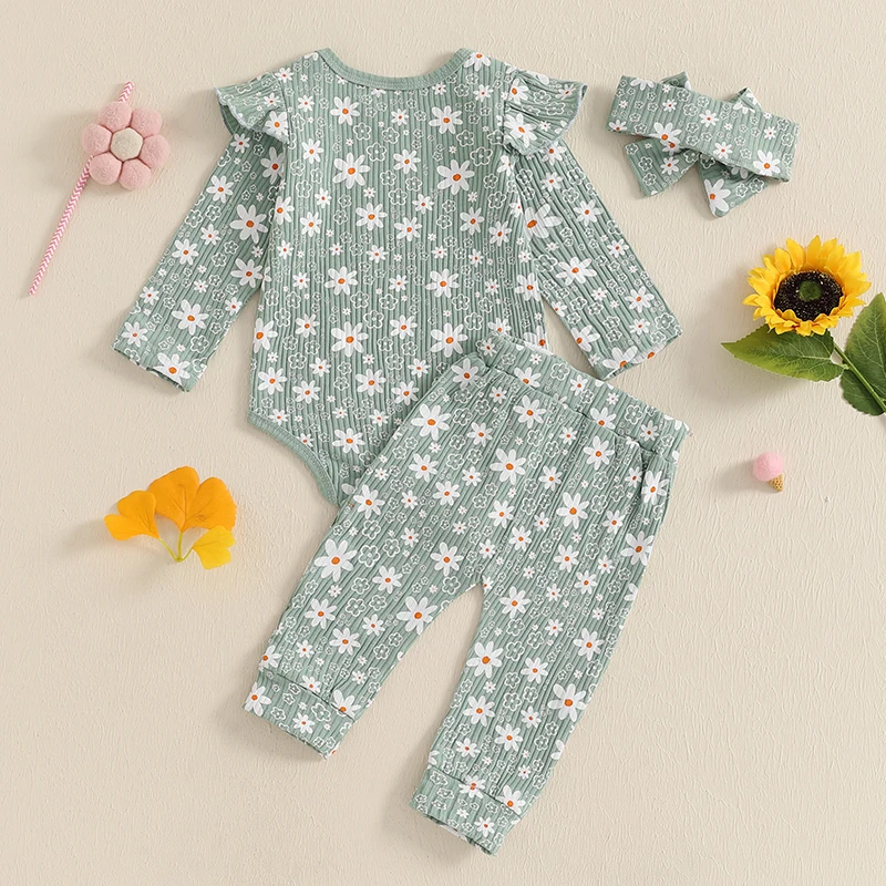 Floral Print Baby Girl Romper Pants Headband Set