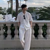 Summer Men's Loose Ice Silk Suits Fashion Casual V-neck Short Sleeve T-shirt And Pants Drape Two-piece Sets Men Clothes 1