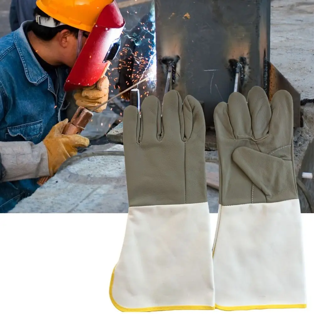 

Leather Lengthen Welding Gloves Grey Flame Retardant Work Gloves Welder Supplies Oven Fireplace Heat-Resistant Glove Workplace