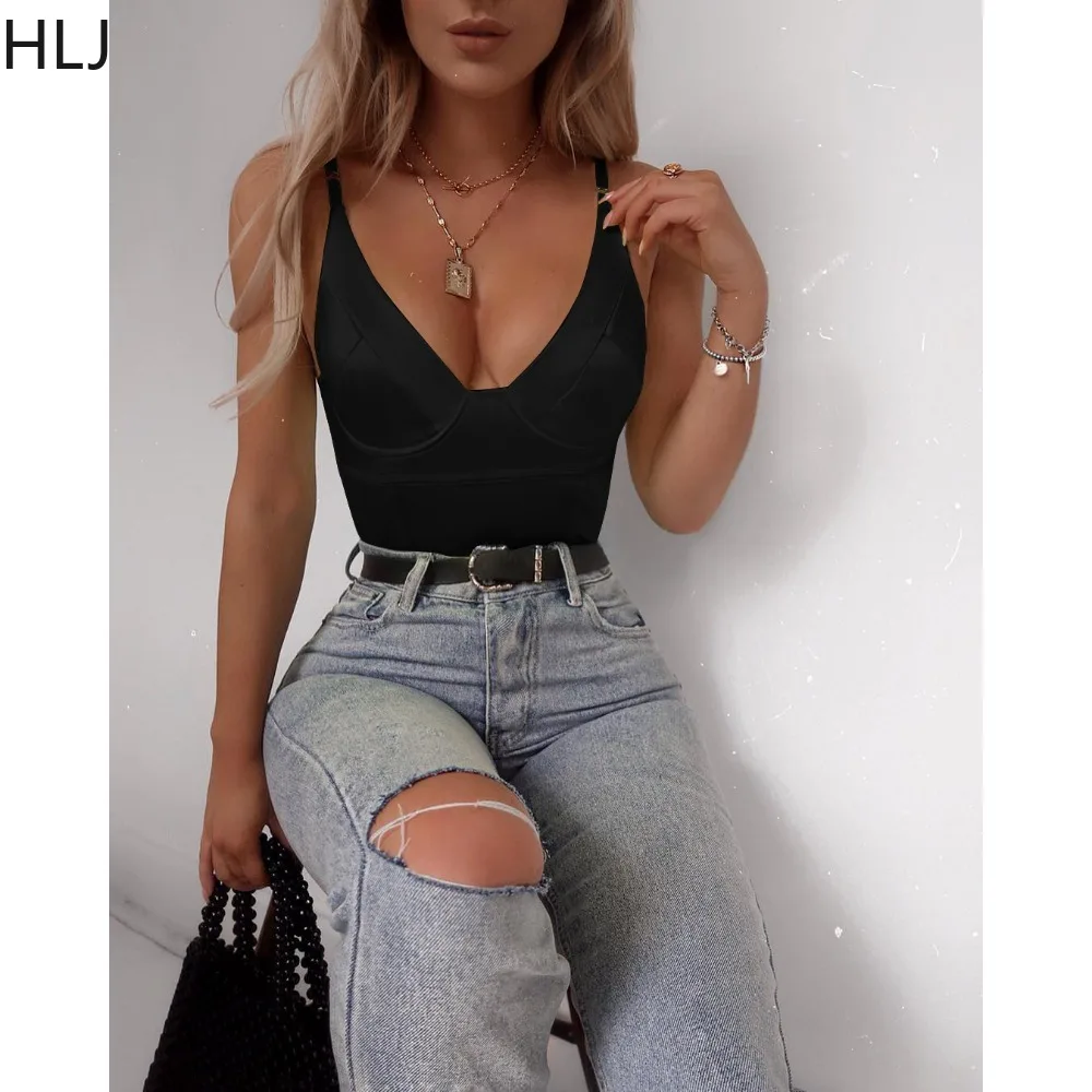 HLJ Spring New Sexy Deep V Bodycon Bodysuits Women Thin Strap Sleeveless Slim Rompers Casual Female Solid Color Backless Overall