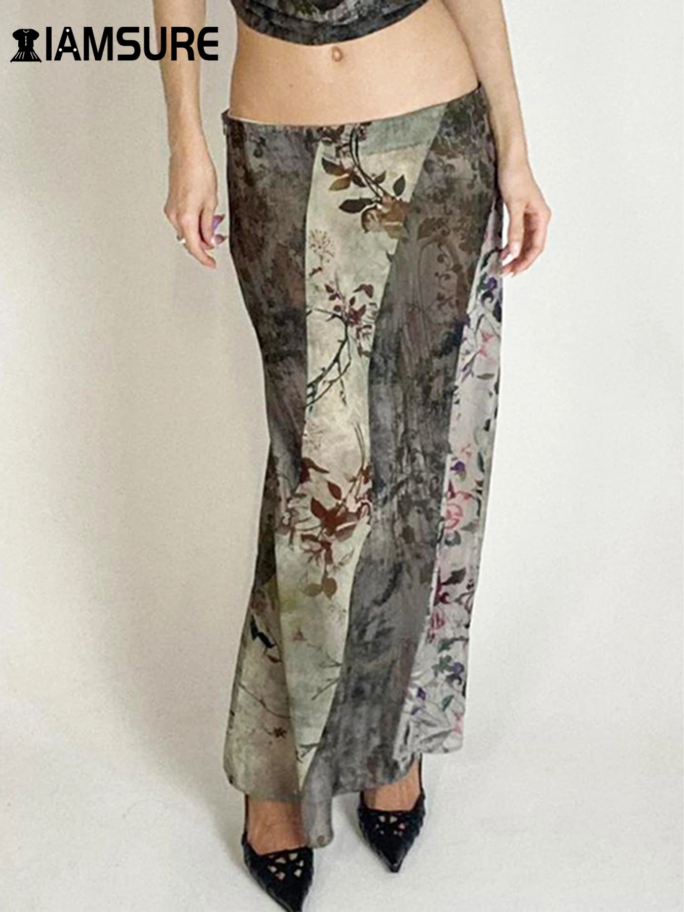 IAMSURE Праздничная сетчатая прямая юбка в стиле пэчворк Прозрачная Юбка макси с низкой талией Женская Летняя мода 2024 женская уличная одежда