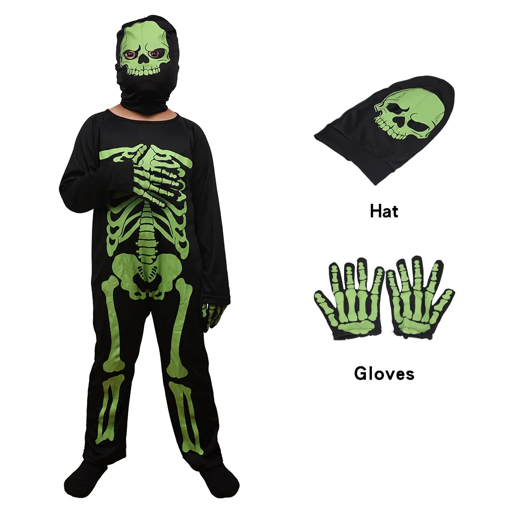 

Children's Grim Reaper Ghost Skeleton Skull Costume Noctilucent Attached Mask Gloves Kids Carnival Cosplay Jumpsuit