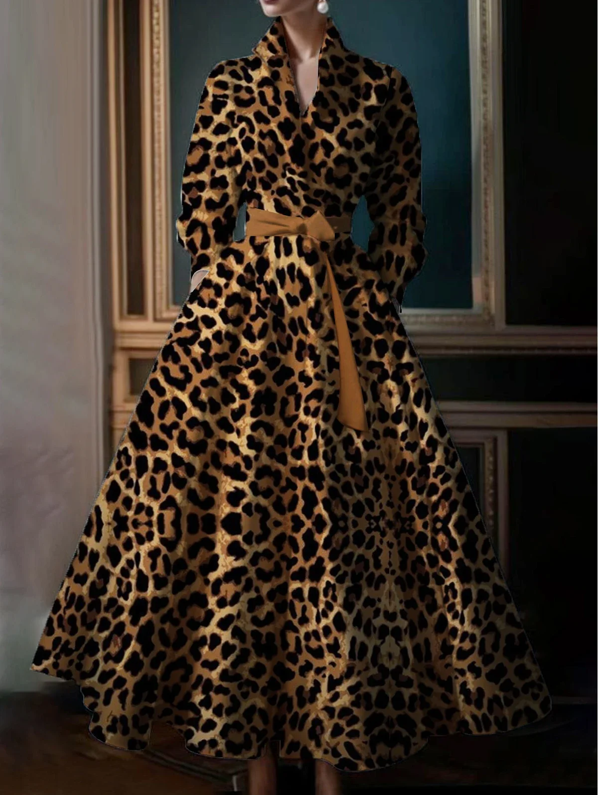 Elegante retro boho maxi vestidos leopardo padrão gola manga longa