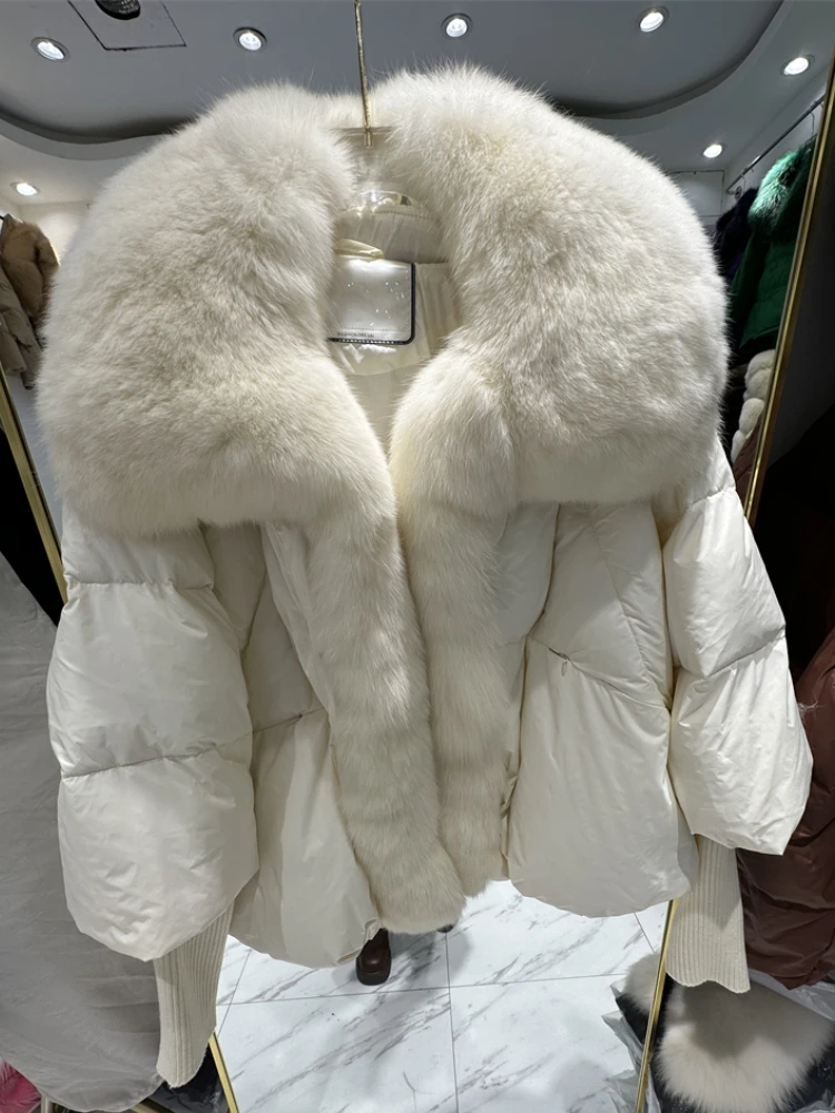 OFTBUY  New Winter Coat Women Duck Down Jacket Super Large Real Silver Fox Fur Collar with Knit Sleeve Fashion Luxury Outerwear