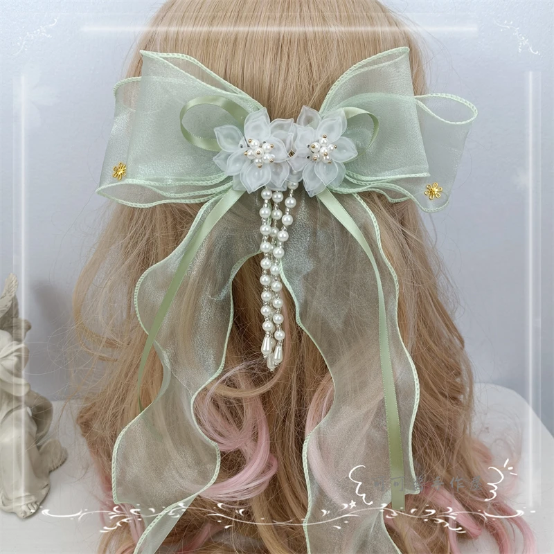 

Lolita hand-made antique bow fairy side clip Lolita Hanfu ribbon back pressure streamer fringed hair accessories