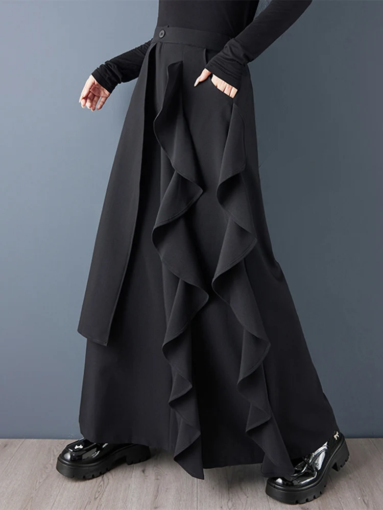 Black Vintage Spliced Ruffles High Waist Wide Leg Pants Women New Loose Casual Trousers Fashion Streetwear Spring Autumn 2025