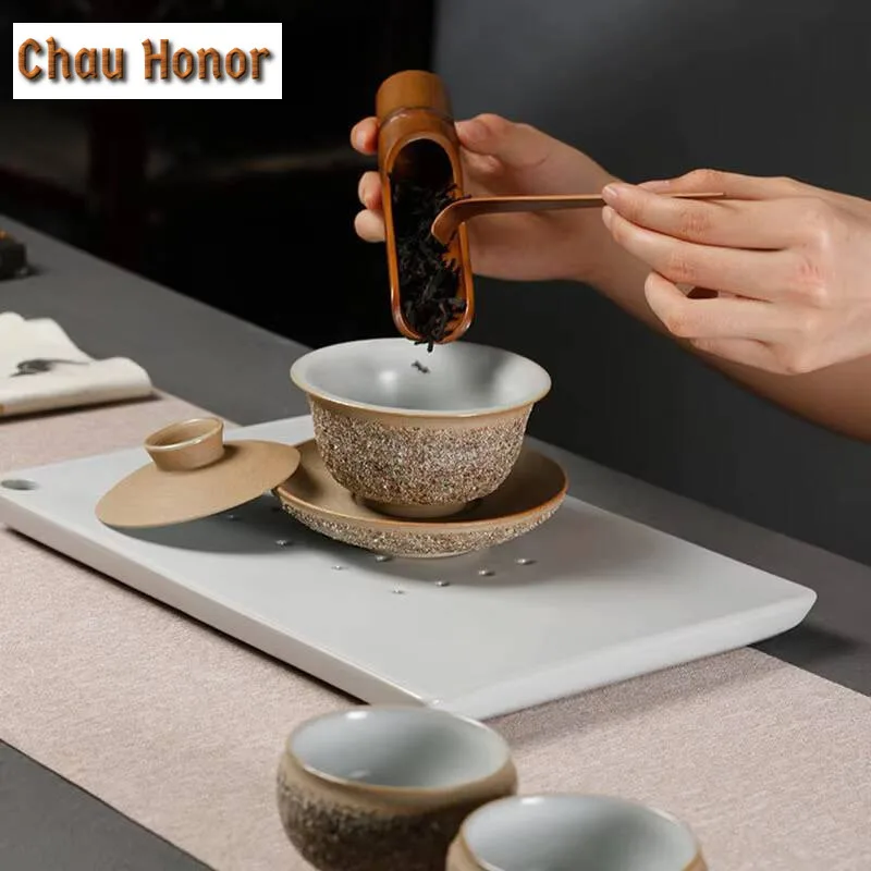 120ml Pure Handmade Sandstone Coarse Pottery San Cai Gaiwan Household Heat-resistant Kung Fu Tea Set Tea Ceremony Drinkware Gift