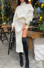  Knit Women's Turtleneck Sweater Midi Skirt Set Winter Loose Long Sleeve Pullovers Side Split Skirts Sets Ladies Sexy Suit 2022 