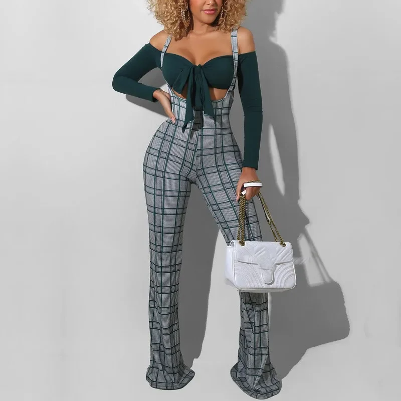Fashion Flared Jumpsuit Autumn Women's High Waist Printed Plaid Overalls Party Club Plaid Wide Leg Suspenders Bottoms 2023 New