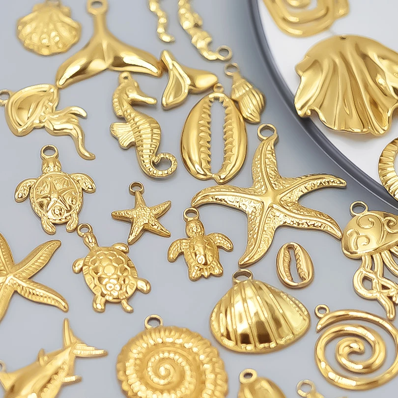 Real Gold Plated Ocean Animal Charms 6pcs For Jewelry Making Stainless Steel Charm Pendant