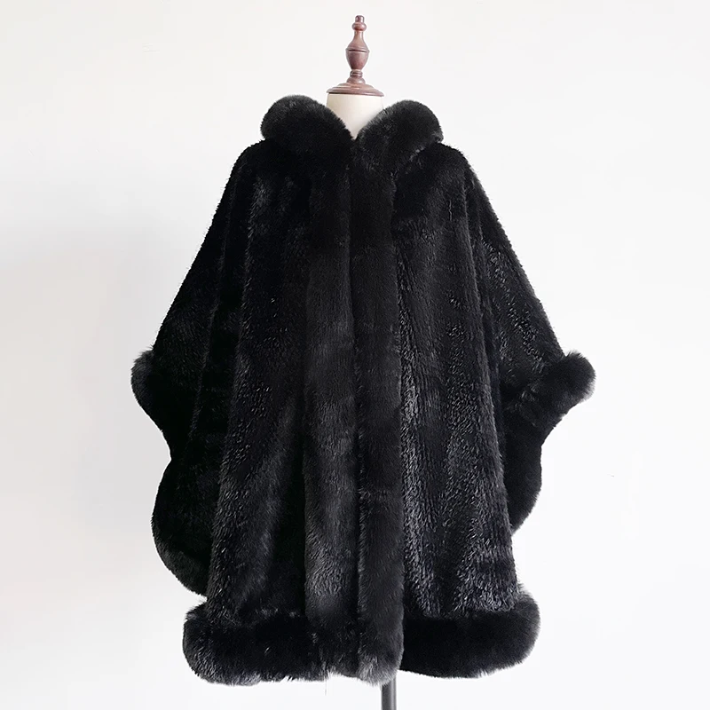 Winter New Women's Thicken Mink Wool Full Trims Faux Fur Cape - Hooded Loose Fleece Cloak Coat Party Dress Wraps Warm