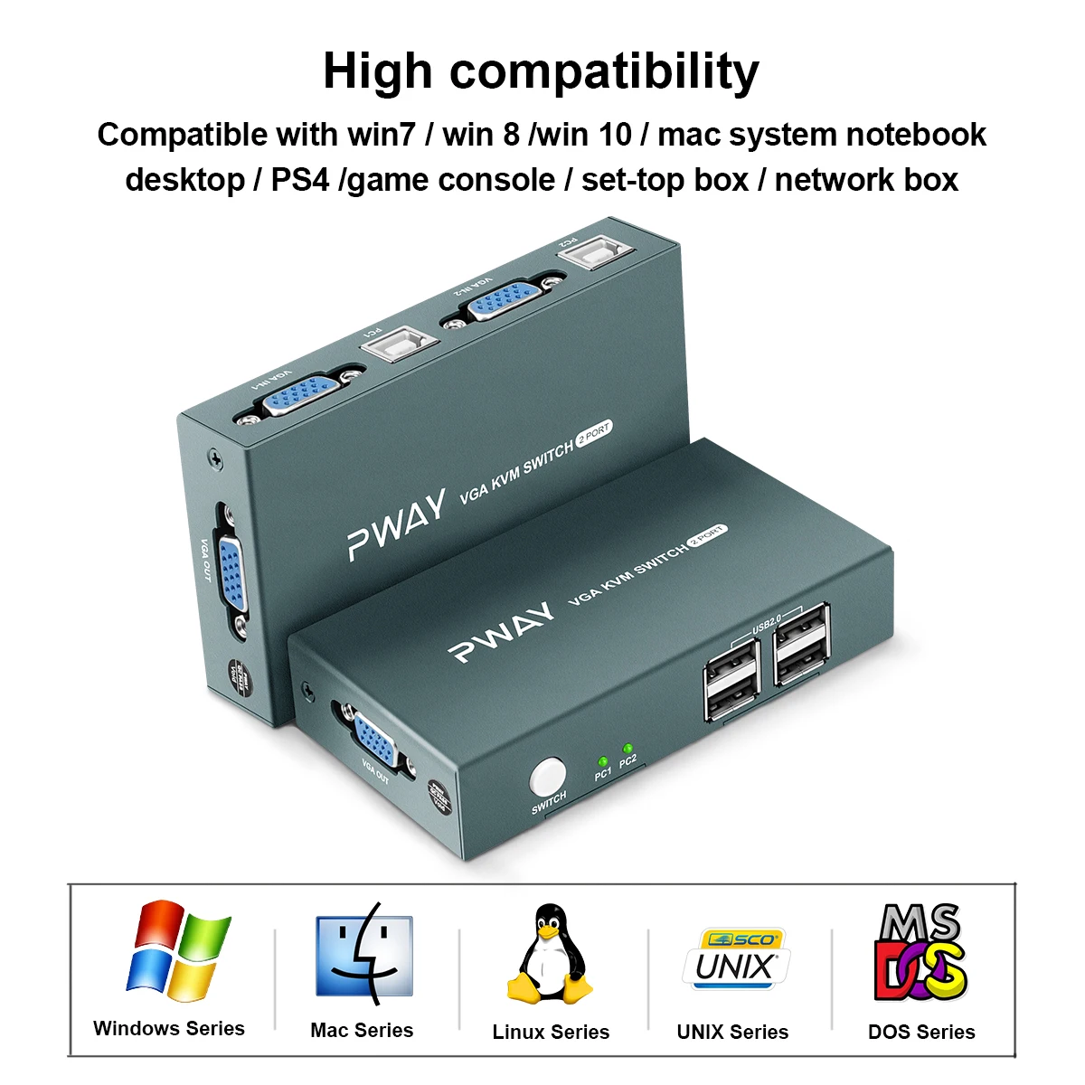 2 포트 VGA KVM 스위치 VGA, PC 컴퓨터 2 개 공유 1 키보드 마우스 모니터, 작업 비디오 회의 교육 컨퍼런스