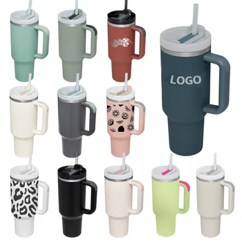 손잡이가 달린 빨대 보온병 텀블러, 스테인레스 스틸 컵, 보온 머그잔, 스탠리 자동차용 냉수 및 온수 물병, 40oz