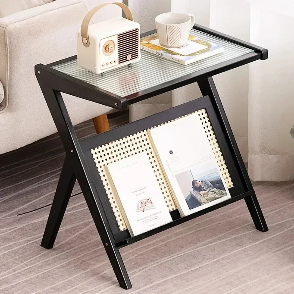 Coffee Table with Tempered Glass Top Simple Side Tables Z Shape Mobile Cabinet Lightweight Bedstand Cup Organizer Tea Side Table