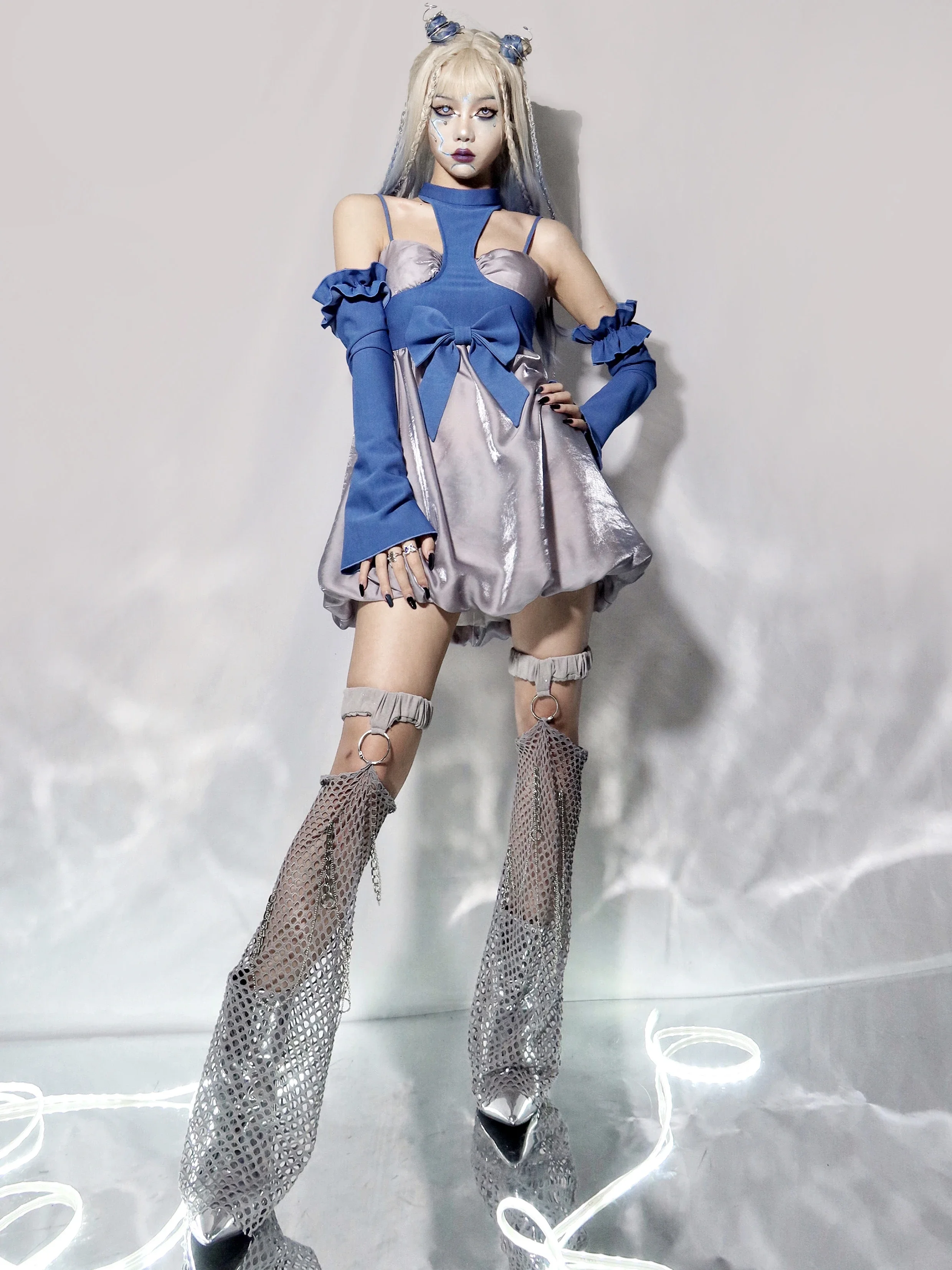 New Spring Autumn Hot Girl Punk Harajuku Grey Grid Splicing Hollowed Out Leg Cover