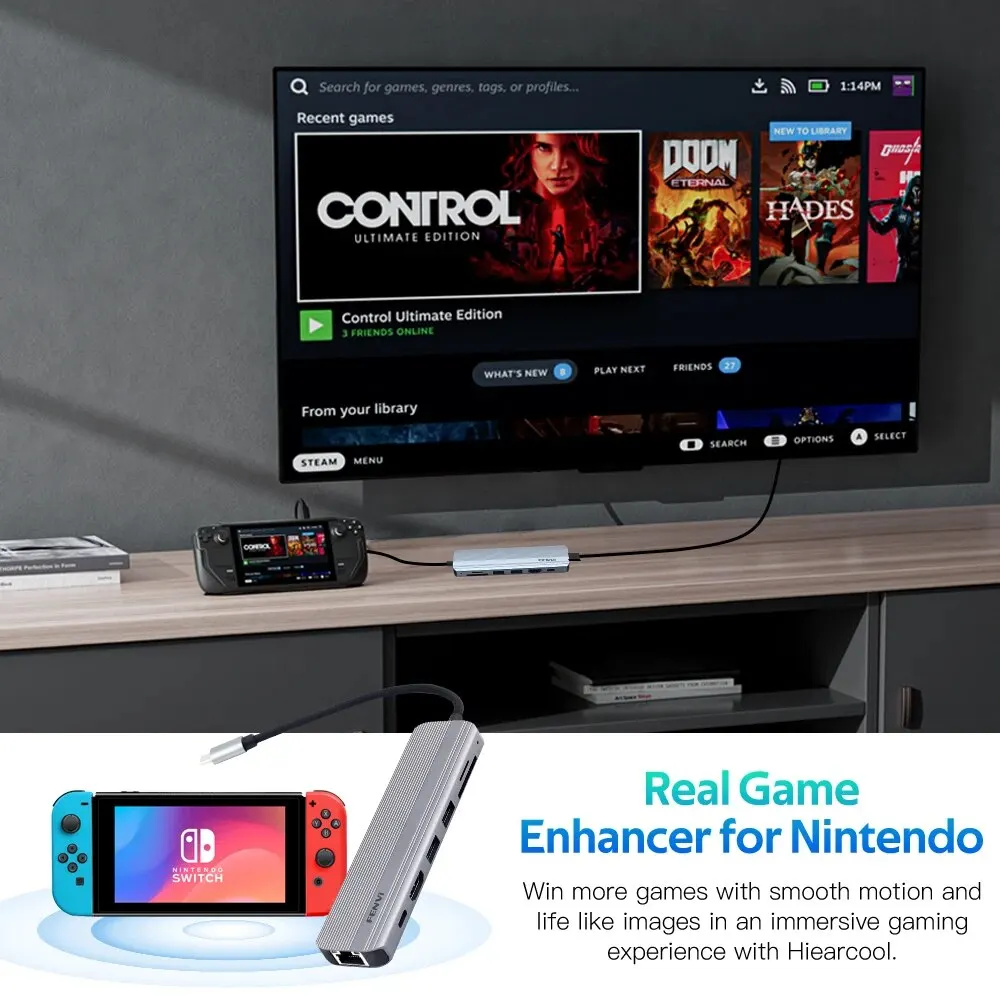 FENVI 도킹 스테이션 C타입 허브 스플리터 컨버터, HDMI 4K 60Hz USB 3.0, RJ45 PD 100W 고속 충전 SD TF USB C 독, 7 in 1