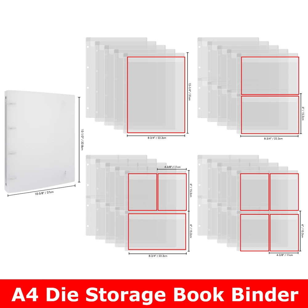 A4 Size Storage Book Binder Page Protectors with 1/2/3/4 Grids Pockets Inserts for DIY Dies Stamps Storage Folder Organizer