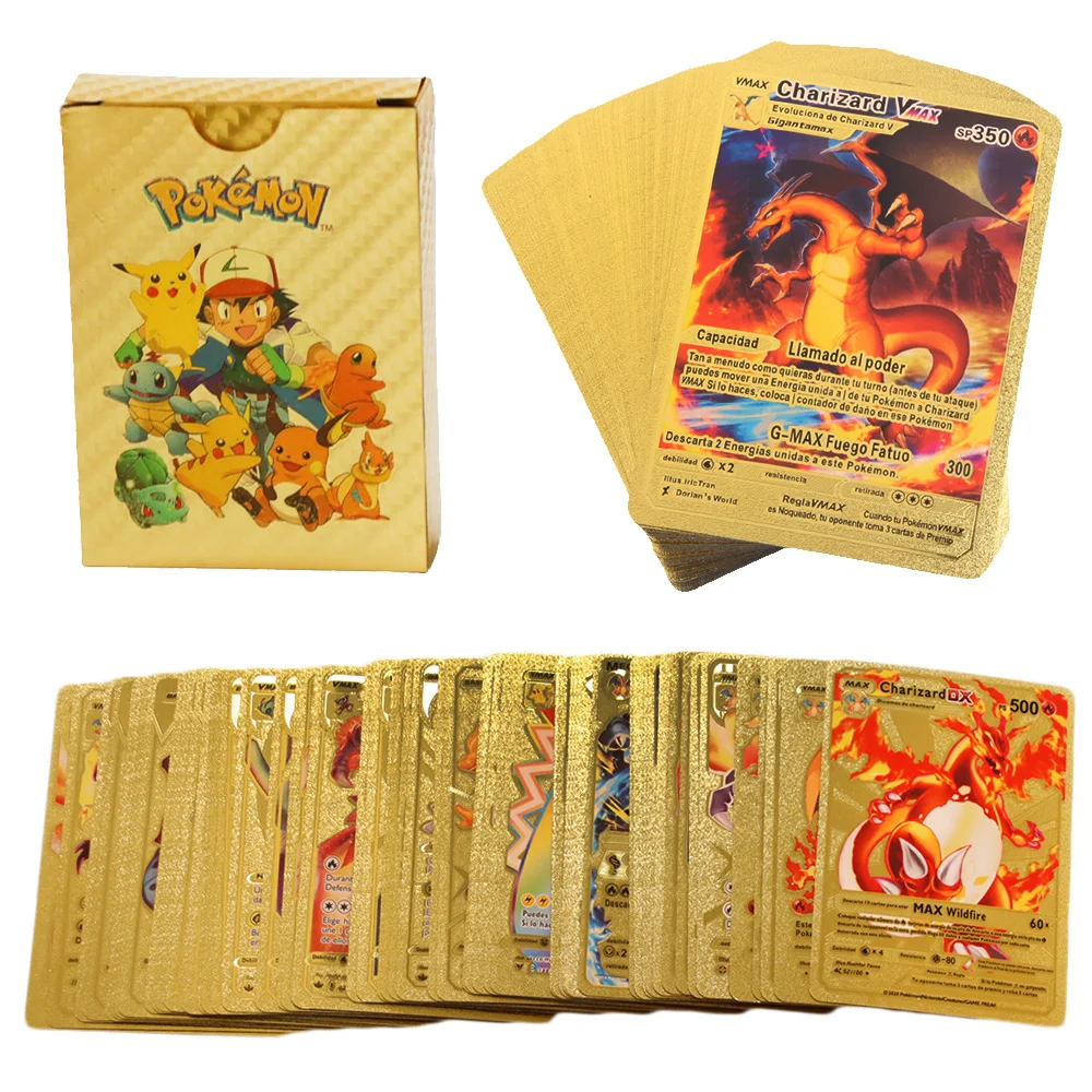 Pokemon металлическая золотая коробка для карт с золотыми буквами английская