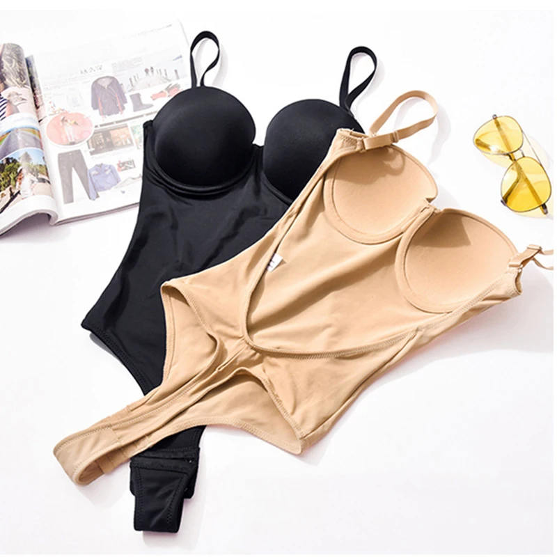 GUUDIA Thong Bodysuit Shapewear U Plunge Fajas Women's Sexy Summer V-Neck  Backless Adjustable Spaghetti Strap Club Bodysuits