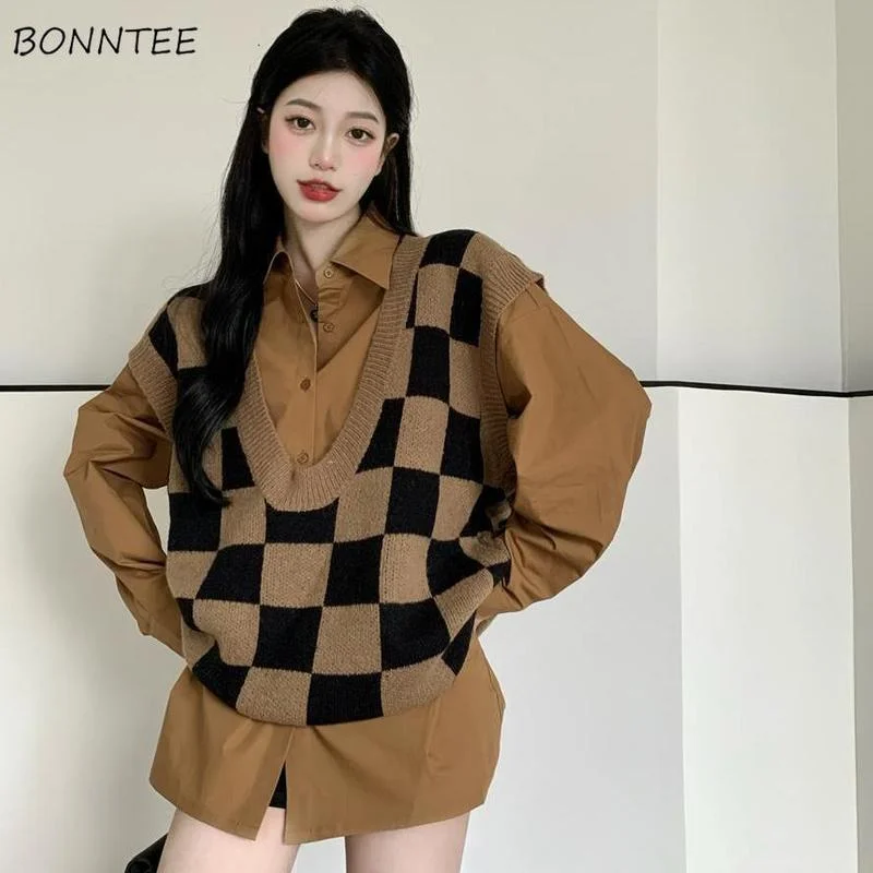 

Женские комплекты, Однотонная рубашка в стиле ретро, повседневный стильный универсальный жилет унисекс, хипстерский стиль в стиле преппи, уютный уличный стиль для студентов в Корейском стиле