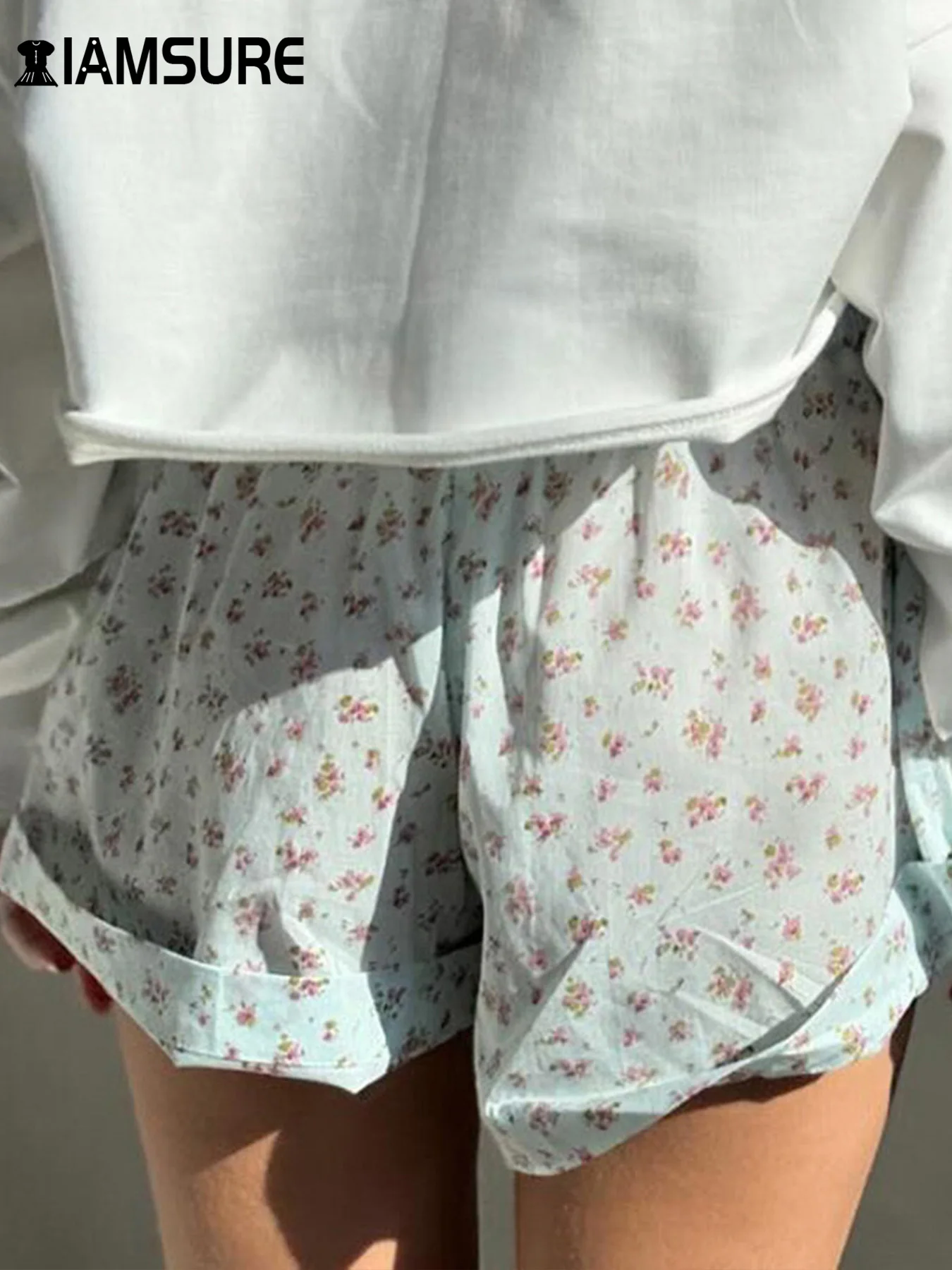 IAMSURE Casual Floral Patchwork Shorts Fake 2 Piece Holiday Loose Mid-Waisted Shorts Women 2024 Summer Fashion Streetwear Ladies
