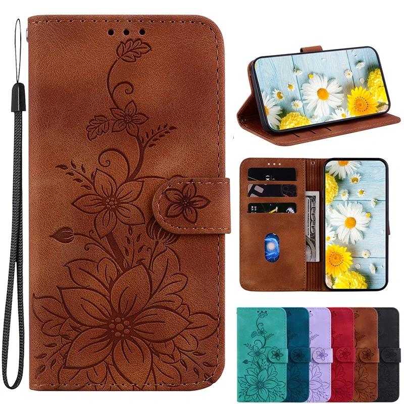 Embossed Lilies Magnetic Leather Wallet Phone Case Flip Cover