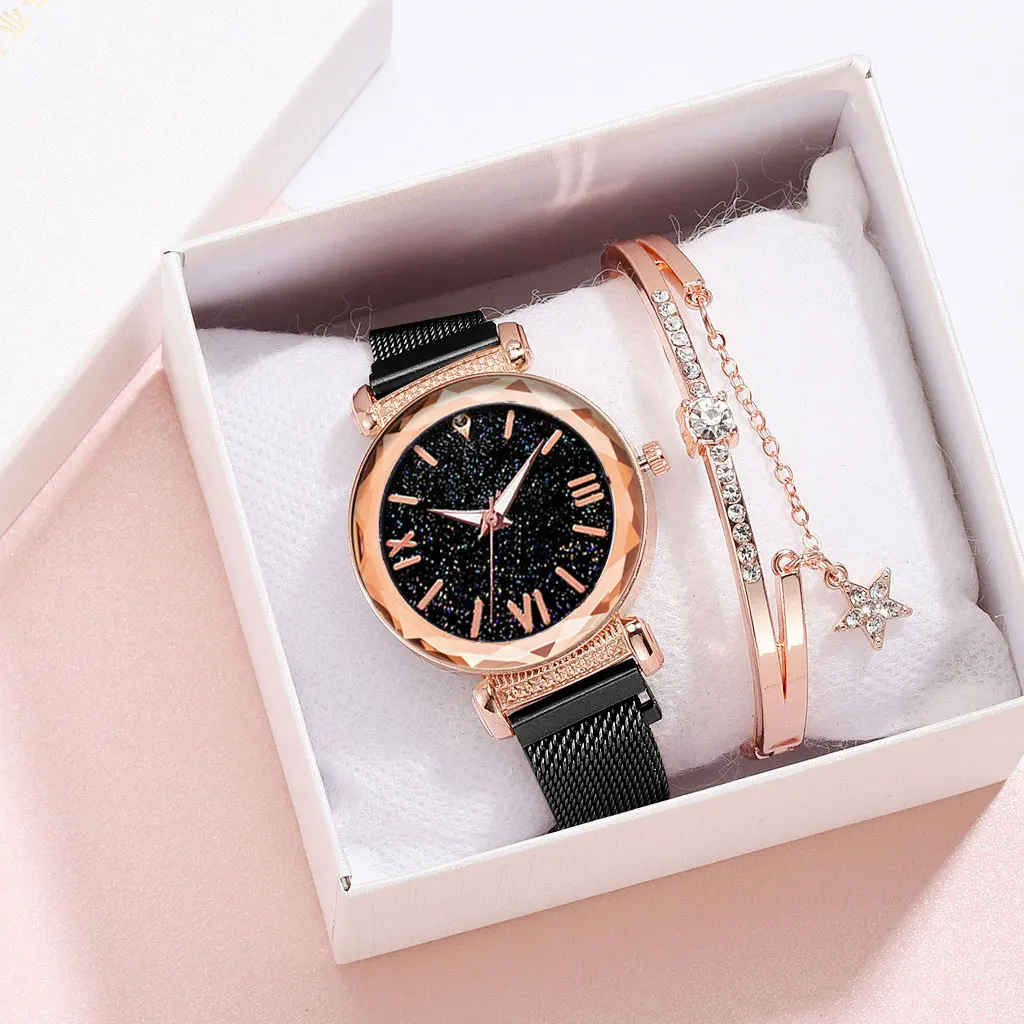 

Fashion Women Watch Bracelet Lucky Lace Magnet Buckle Ladies Wristwatch Starry Sky Roman Scale Girl Clock relógio feminino