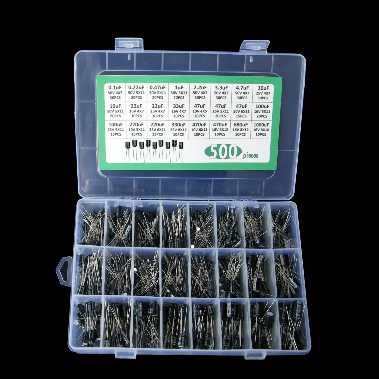 

A Total of 500 Mixed 0.1uF-1000uF Aluminum Electrolytic Capacitor Sample Boxes of 24 Specifications are Packed and Sent to The B