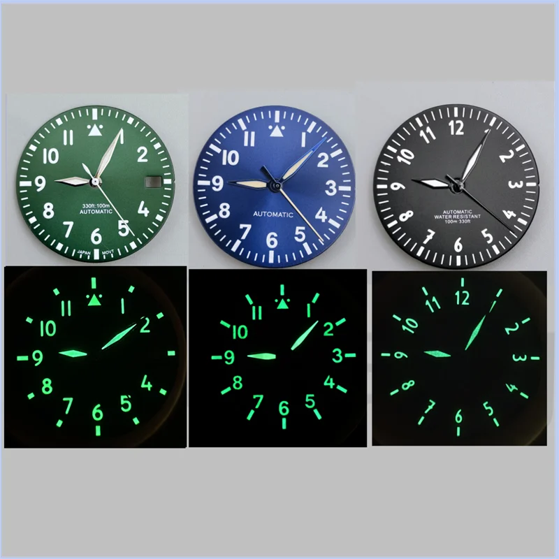 Pilot Style Watch Dial and Hand Sets with C3 Green Luminous – Available in Black, Blue, Green, and White