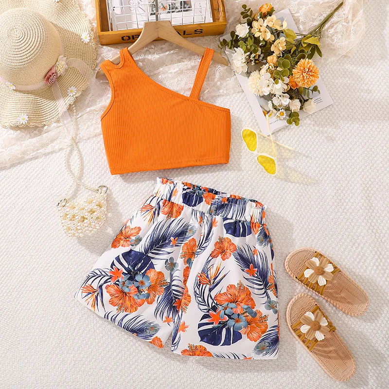 Fashion For 8-12 Years Kids Girls Clothes Sets Orange Asymmetrical Sling And Printed Short Pastoral Style Casual Vacation Suits 1