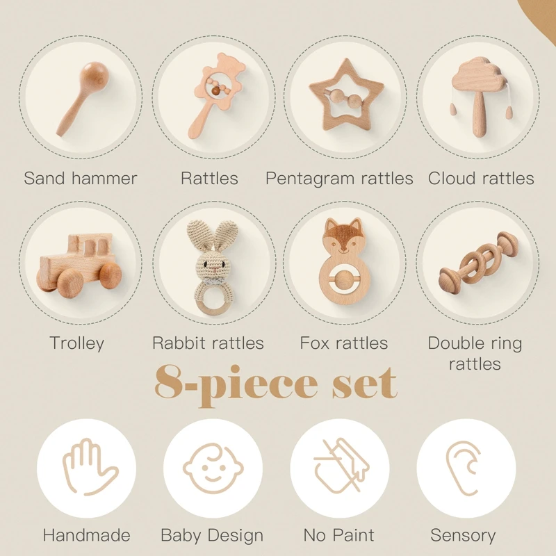 Wooden Baby Rattle Gift Set – Crochet Animal Toy & Montessori Keepsake Box