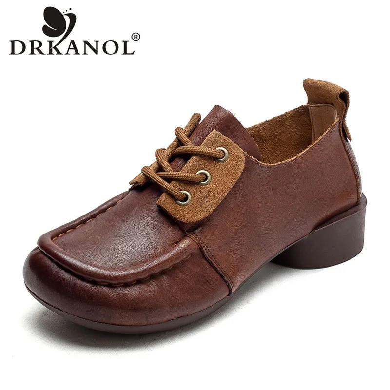 

DRKANOL Literary Style Genuine Cow Leather Shoes Women Spring Handmade Retro Round Toe Thick Heel Lace-Up Comfort Single Shoes