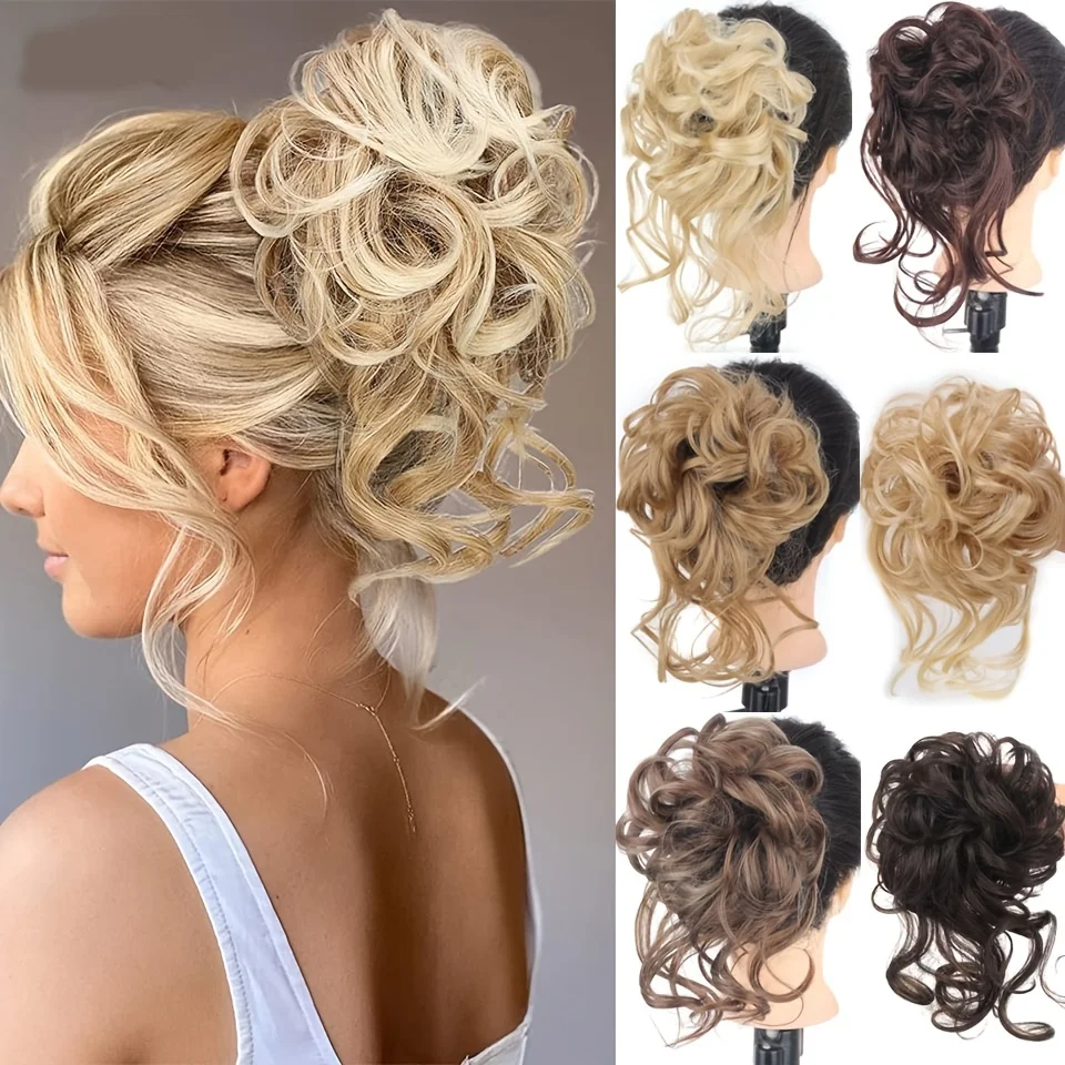 Chignon Elastico Riccio con Riflessi Biondi, Posticci Capelli Sintetici per Donne