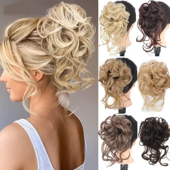 Chignon Elastico Riccio con Riflessi Biondi, Posticci Capelli Sintetici per Donne